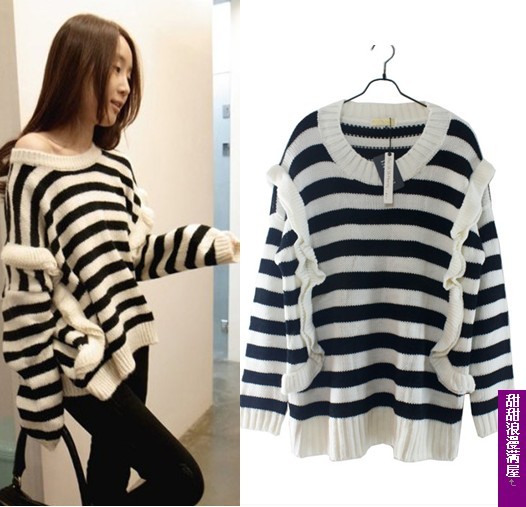 2013 autumn and winter women 3706336 black-and-white stripe loose ruffle hem sweater high quality