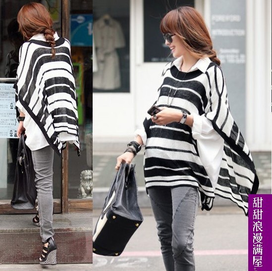 2013 autumn and winter women 371143 casual batwing sleeve black and white stripe thin sweater shirt