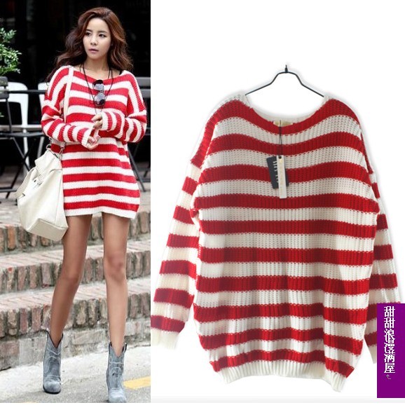 2013 autumn and winter women 372543 hongbai stripe casual loose pullover sweater