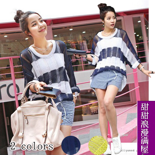 2013 autumn and winter women 373035 lozengy stripe casual all-match cutout sweater shirt