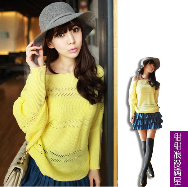 2013 autumn and winter women 374146 casual all-match cutout push-up yellow batwing sleeve sweater