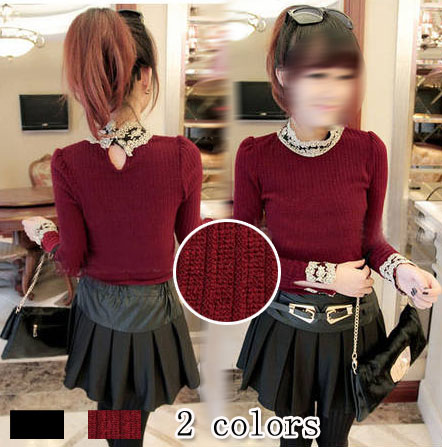 2013 autumn and winter women 452381 sweet princess stand collar lace decoration slim knitted basic shirt