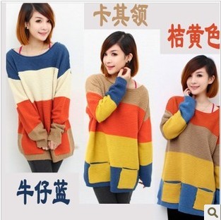 2013 autumn and winter women 461029 sweet color block decoration loose medium-long pocket sweater outerwear