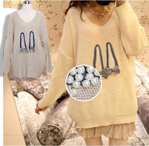 2013 autumn and winter women 521667 sweet pearl bow V-neck loose big sweater