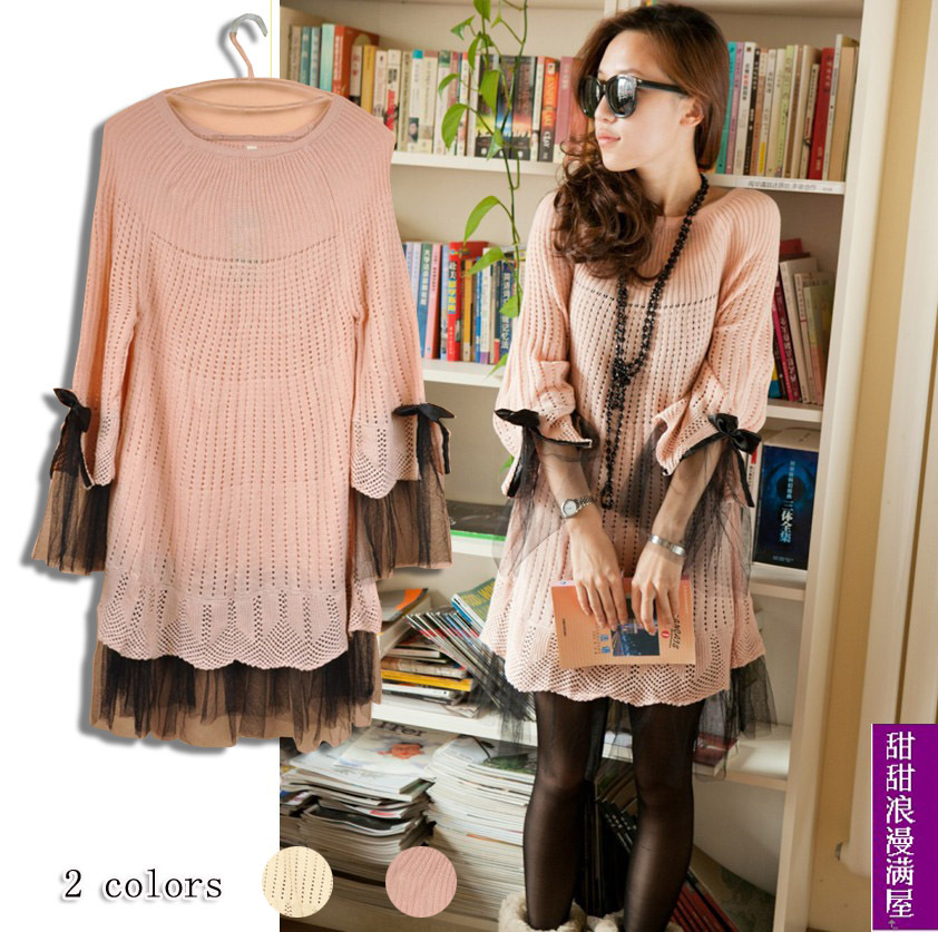 2013 autumn and winter women 806001 sweet princess gauze lace decoration design long sweater dress