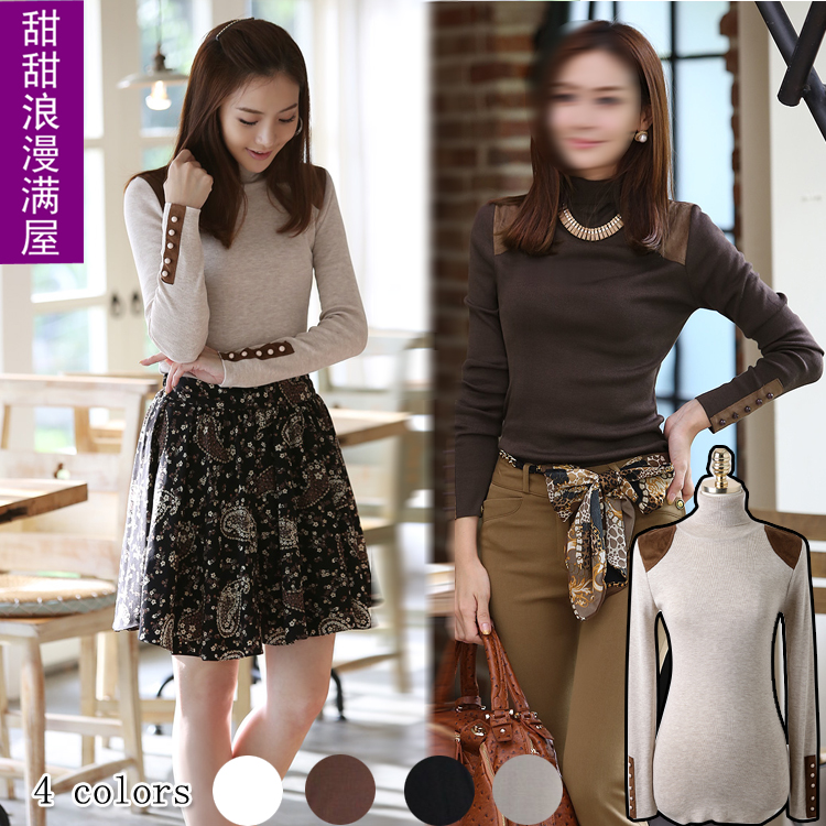 2013 autumn and winter women 8922 all-match leather decoration cotton basic shirt turtleneck long-sleeve T-shirt