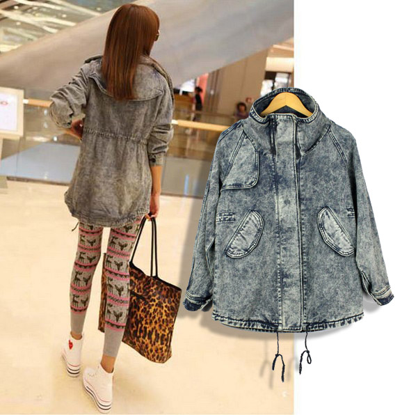 2013 autumn and winter women a6929 fashion drawstring waist loose slim medium-long denim trench outerwear