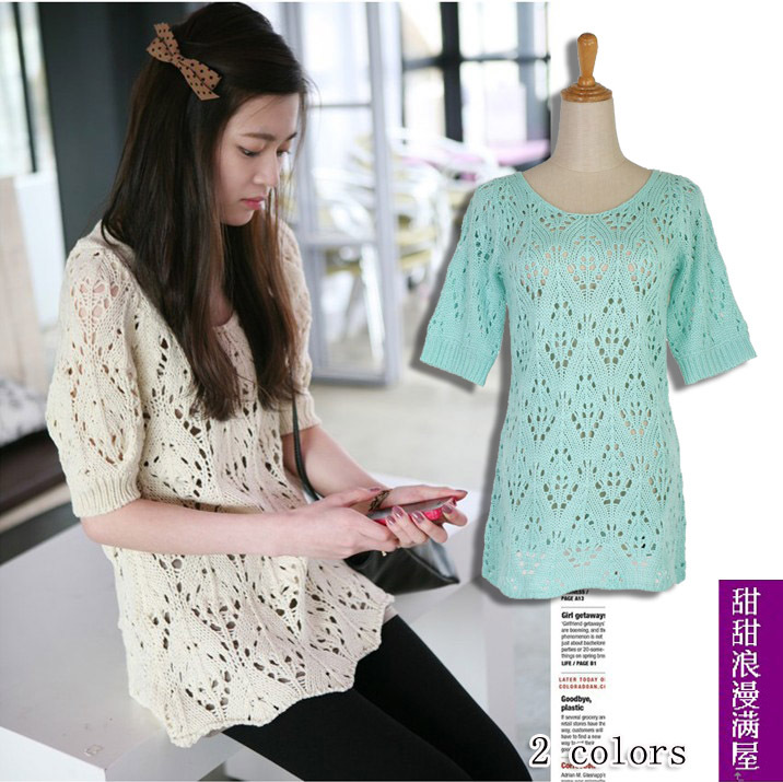 2013 autumn and winter women fresh h2085 gentlewomen cutout half sleeve thin knitted shirt