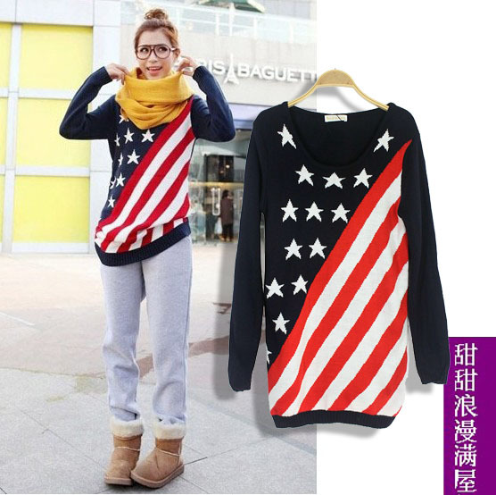 2013 autumn and winter women h0453 casual fashion stripe flag medium-long sweater