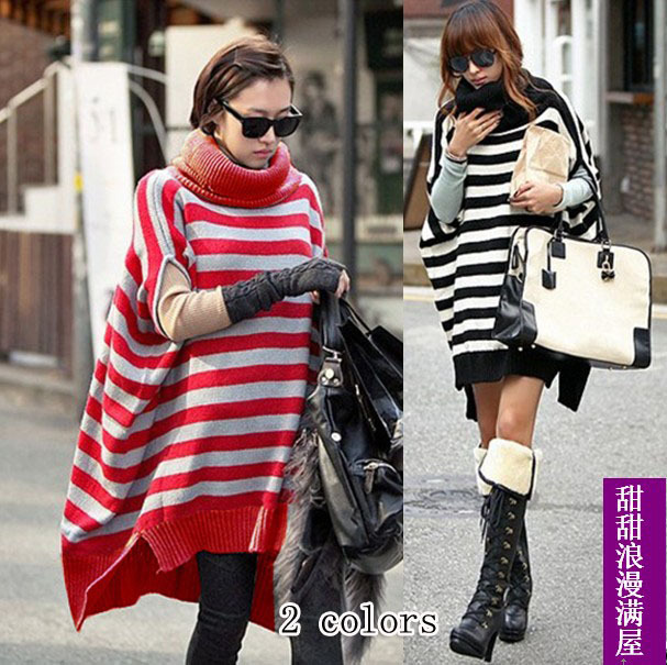 2013 autumn and winter women h0612 casual turtleneck hole stripe loose half sleeve sweater