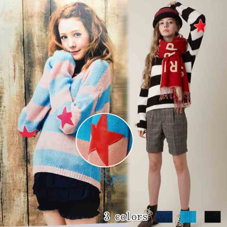 2013 autumn and winter women m6102 casual five-pointed star applique loose stripe sweater