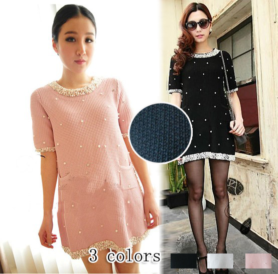 2013 autumn and winter women m69028 sweet princess handmade beaded double pocket short-sleeve sweater dress