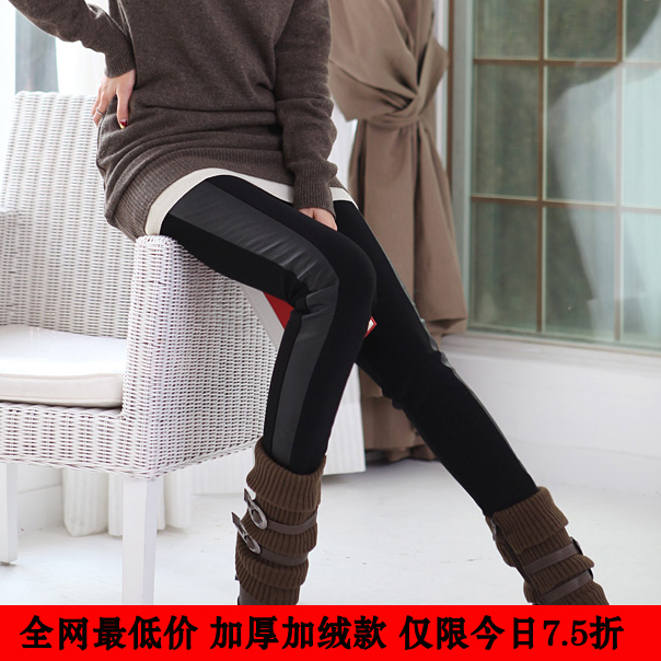 2013 autumn and winter women patchwork faux leather pants slim elastic boot cut jeans winter legging pants