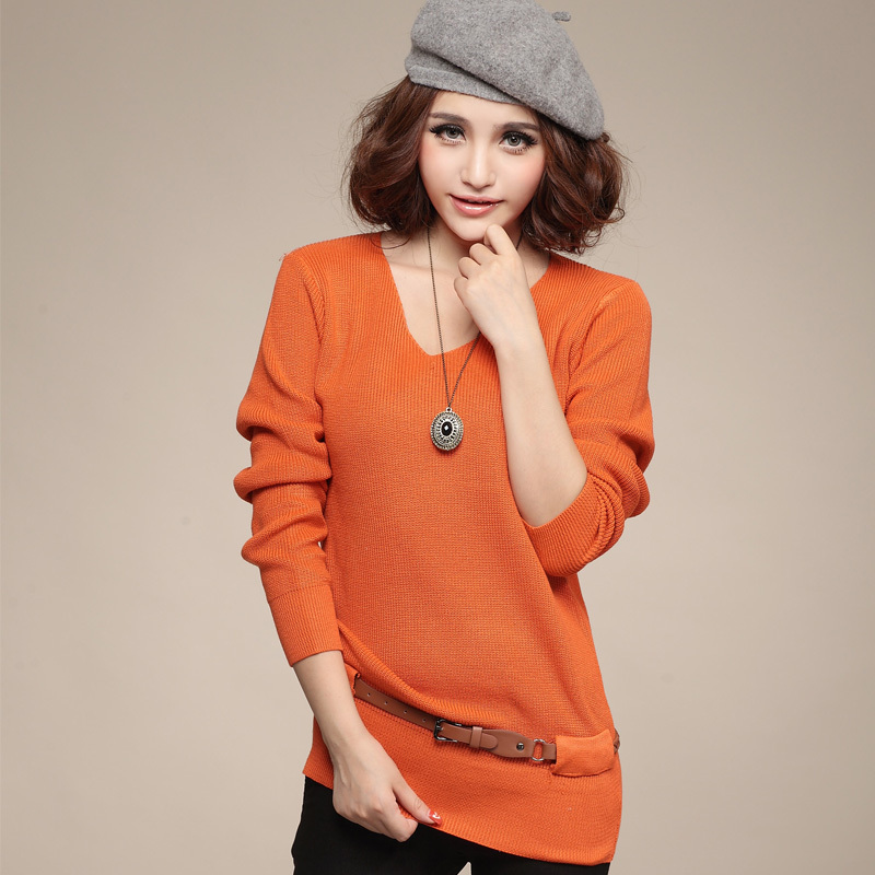 2013 autumn and winter women pullover long-sleeve V-neck sweater basic shirt belt free shipping