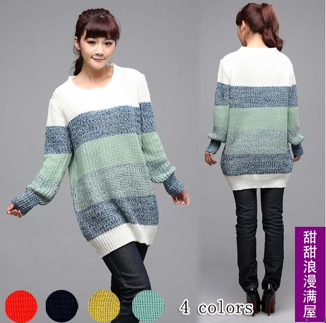 2013 autumn and winter women s1232 casual all-match color block decoration loose medium-long sweater outerwear