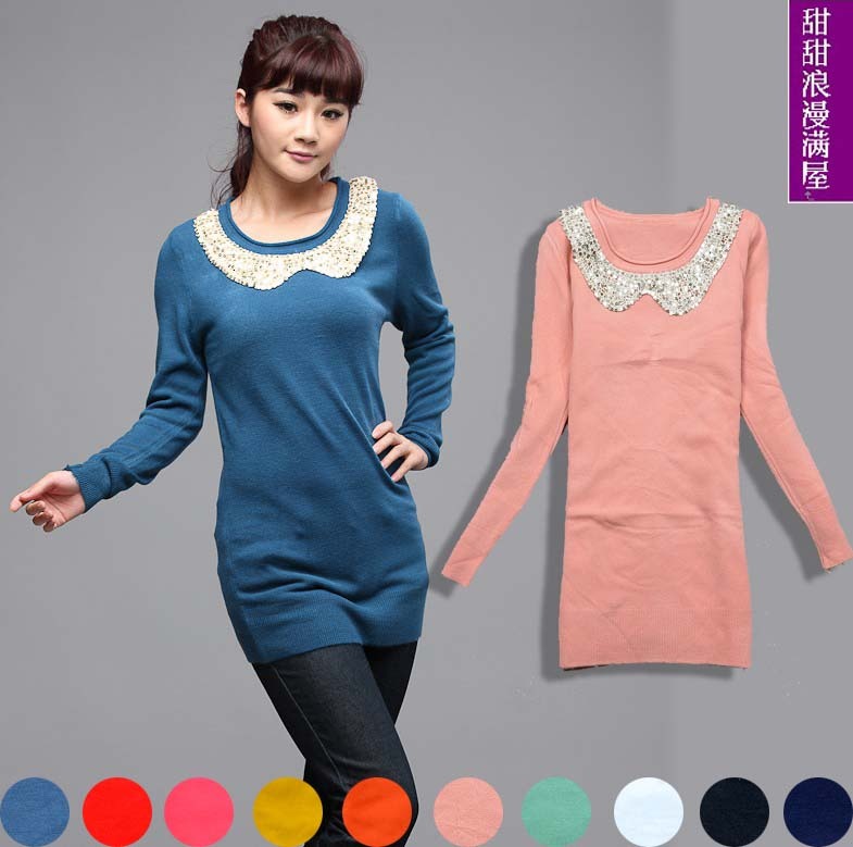 2013 autumn and winter women s5021 casual all-match paillette peter pan collar slim medium-long sweater