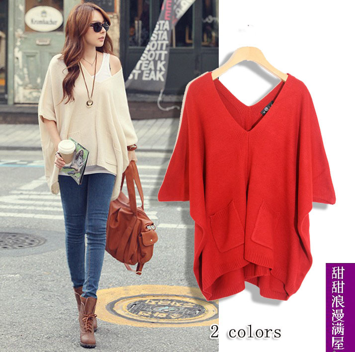 2013 autumn and winter women the anteroposterior V-neck 290014 casual half sleeve loose sweater outerwear