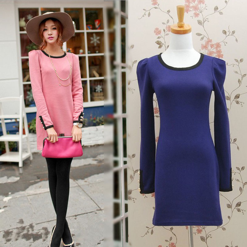 2013 autumn fashion all-match ol slim patchwork woolen leather skirt slim female long-sleeve dress