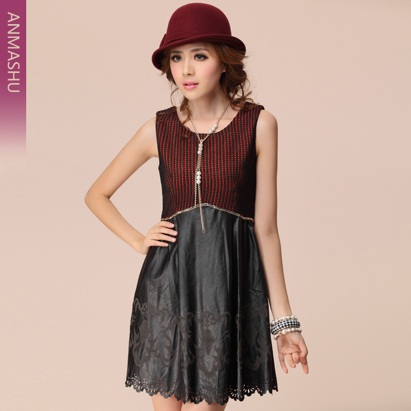 2013 autumn fashion plus size patchwork fashion slim one-piece dress short skirt vest leather skirt women's