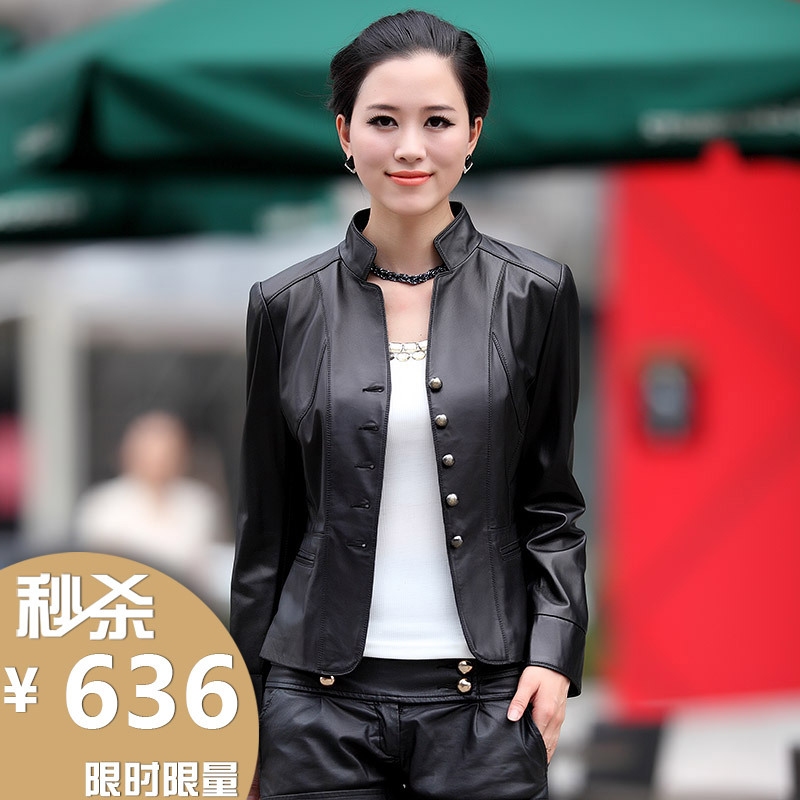 2013 autumn high quality sheepskin leather clothing women's outerwear short design stand collar genuine leather clothing