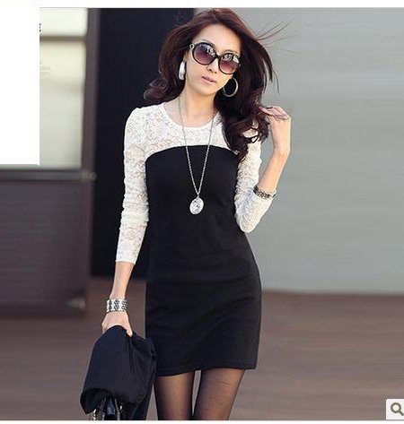 2013 Autumn Lace Patchwork Slim Long-Sleeve Women Dress Women Sexy Dresses Lady One Piece Dress White Black Free Shipping