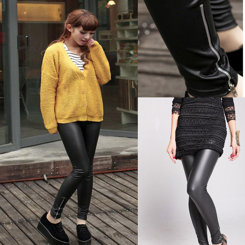 2013 autumn legging faux leather zipper slim casual pants personalized elastic pants