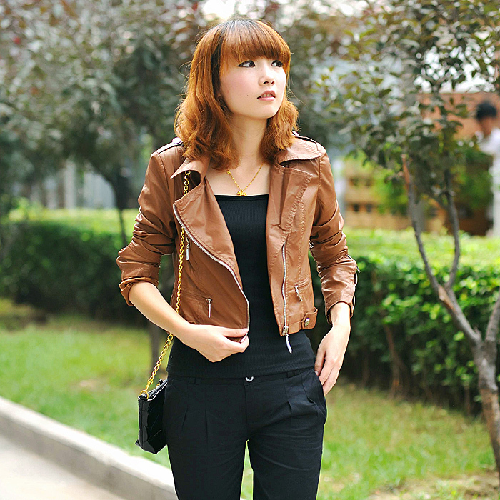 2013 autumn motorcycle leather clothing female short design slim PU outerwear 2624