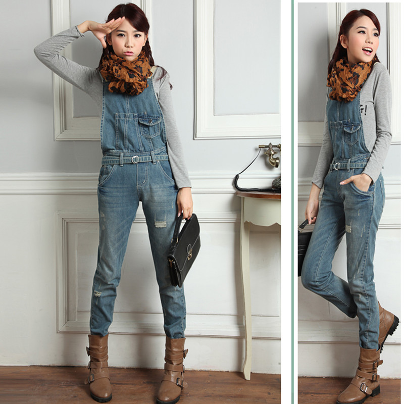 2013 autumn new arrival female fashion sweet distrressed jeans bib pants jeans suspenders trousers Women