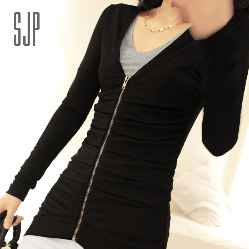 2013 autumn new arrival women's fashion casual V-neck long-sleeve slim hip black medium-long outerwear