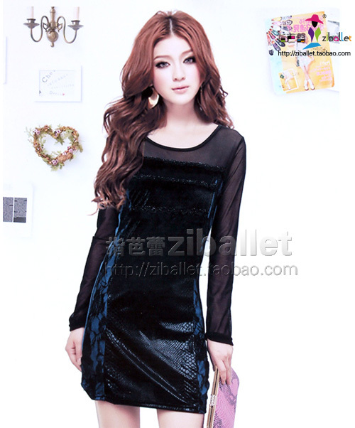 2013 autumn one-piece dress faux leather gauze lace slim hip skirt star brooch slim dress female