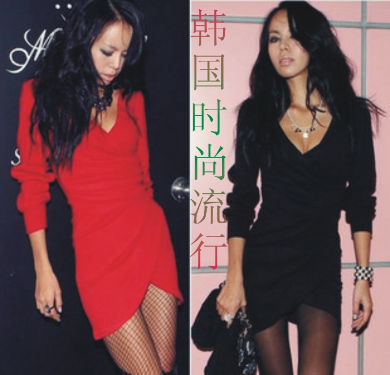 2013 autumn queen slim hip sexy V-neck slim pleated long-sleeve one-piece dress