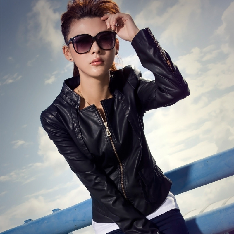 2013  autumn short design female PU clothing black slim outerwear 11g3553