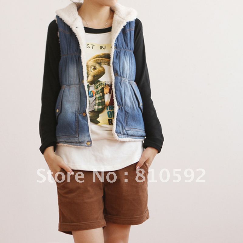 2013 autumn water wash berber fleece denim vest clip female,women vest jeans!Free Shipping!