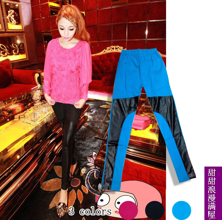 2013 autumn women's 100331 casual all-match personality slim leather patchwork basic trousers