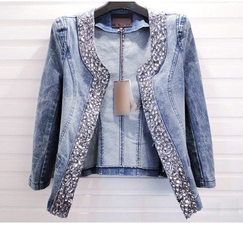 2013 autumn women's 43895 casual all-match water wash sparkling diamond handsome slim denim coat outerwear