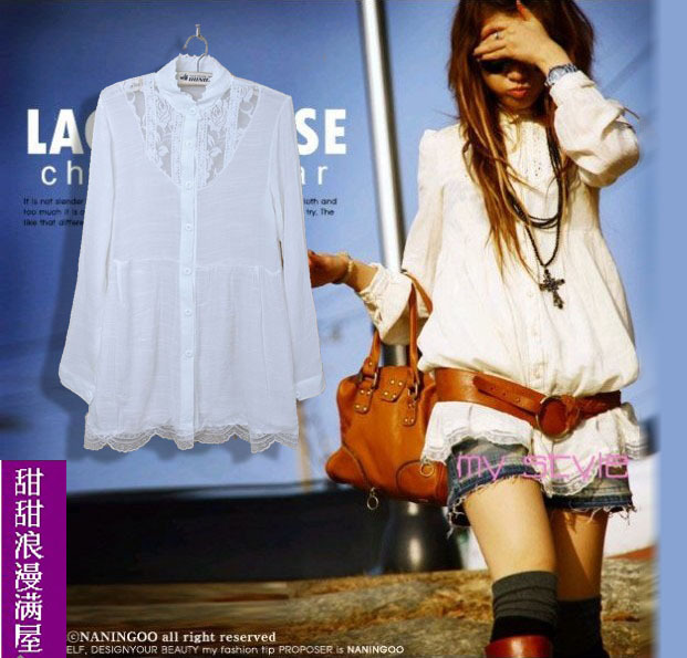 2013 autumn women's 865451 gentlewomen long lace elegant design white long-sleeve shirt