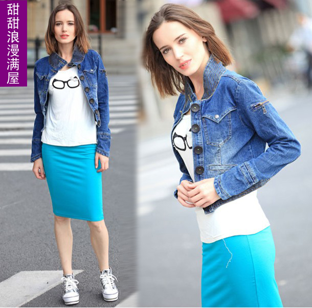 2013 autumn women's fashion d725 real pictures with model stand collar unique water wash blue denim coat