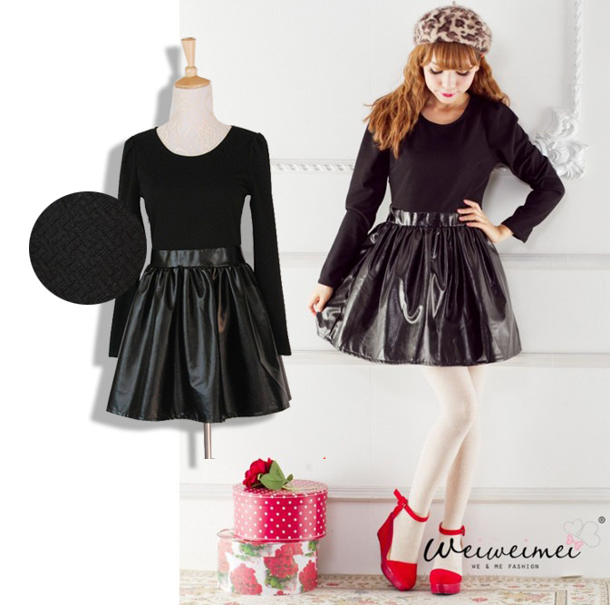 2013 autumn women's m30218 sweet princess leather patchwork bubble long-sleeve dress slim