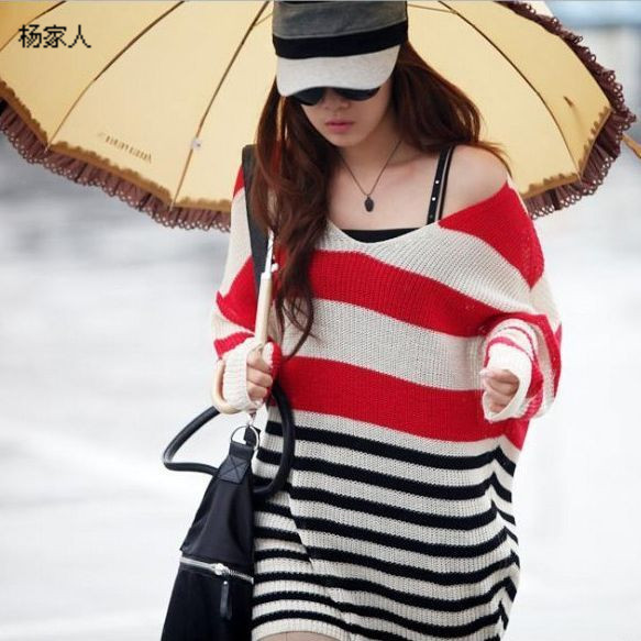 2013 autumn women's multicolour stripe pullover cutout large casual long-sleeve sweater outerwear