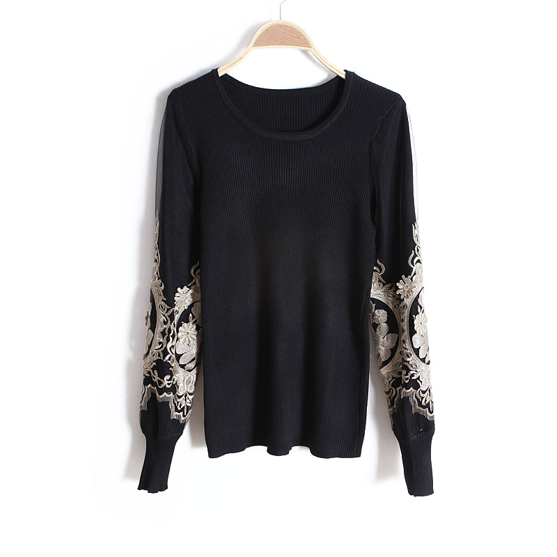 2013 autumn women's o-neck pullover gauze gold embroidered patchwork wx1307 long-sleeve sweater free shipping