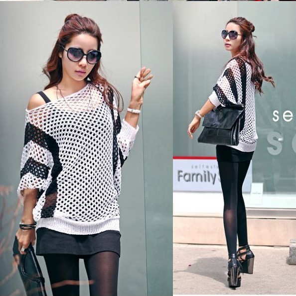 2013 autumn women's slit neckline fishing net cutout batwing sleeve stripe sweater h2035 high quality