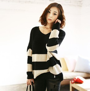 2013 autumn women's stripe loose long design V-neck batwing sleeve long-sleeve sweater outerwear plus size sweater Free Shipping