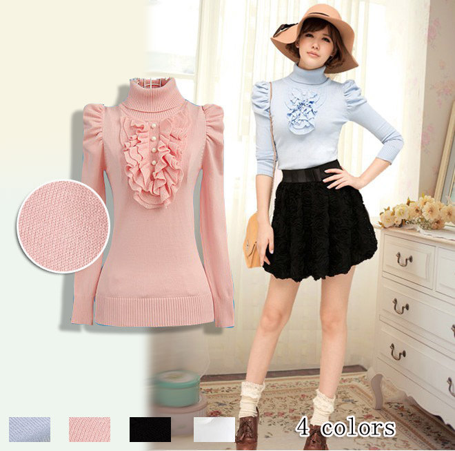 2013 b88101 sweet princess multi-layer ruffle puff sleeve slim basic turtleneck pullover sweater