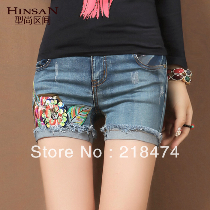 2013 beading roll-up hem vintage butt-lifting women's jeans shorts k144