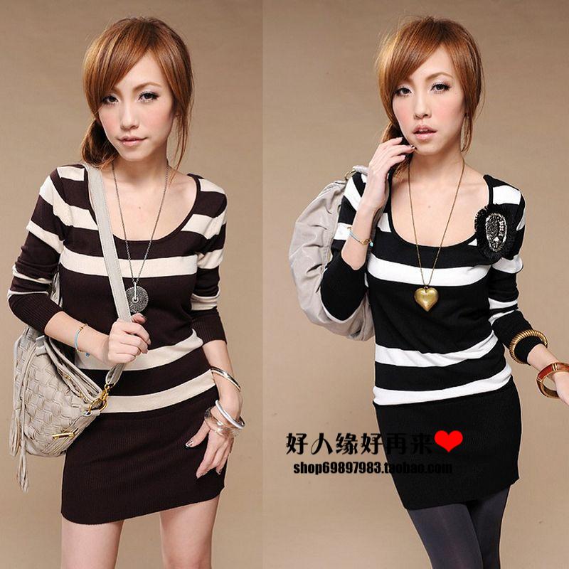 2013 big o-neck long-sleeve slim medium-long black-and-white basic shirt women's sweater