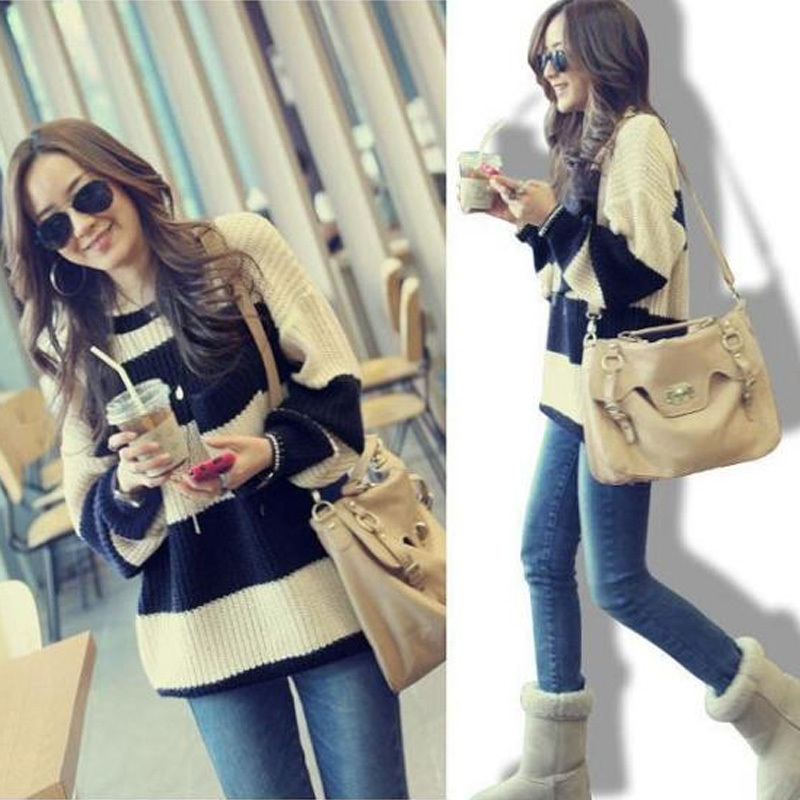 2013 black and white stripe long-sleeve loose medium-long plus size pocket big bold stripe o-neck sweater