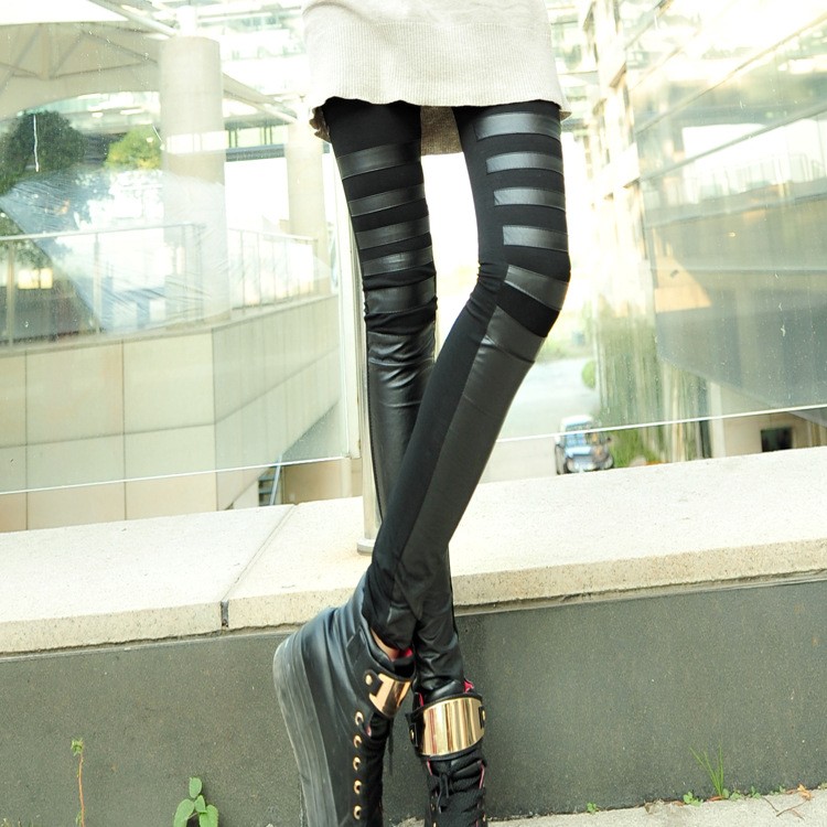 2013 black faux leather legging spring and autumn fashion leather patchwork tight pants