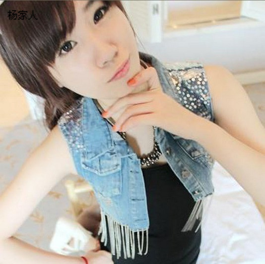 2013 bling tassel vintage star style denim vest short design vest