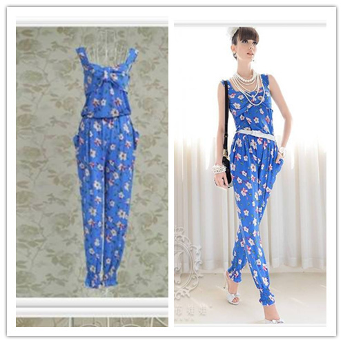 2013 . blue flower print slim spaghetti strap one piece trousers f050