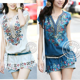 2013 bohemia dress embroidery plus size clothing V-neck short-sleeve shirt chiffon one-piece dress paillette